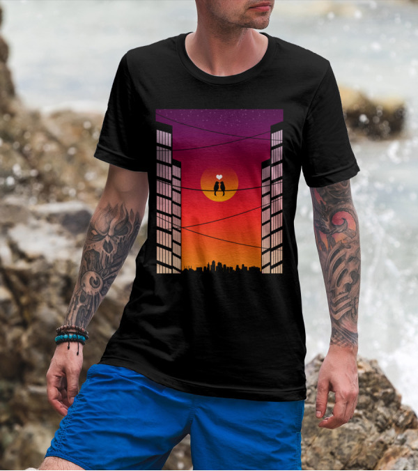 Cityscape Sunset Birds On A Wire With Heart T-Shirt
