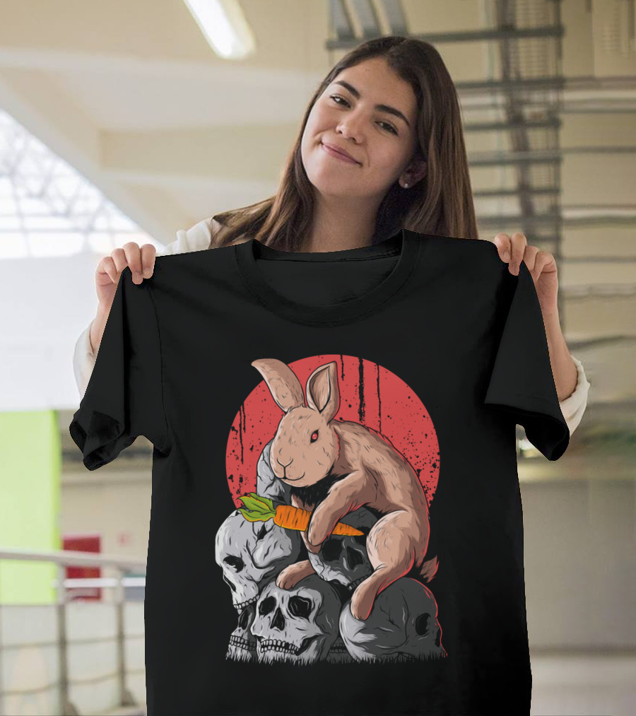Look A Rabbit Pe Surreal Rabbit with Carrot on Skulls Against Red Moon T-Shirt