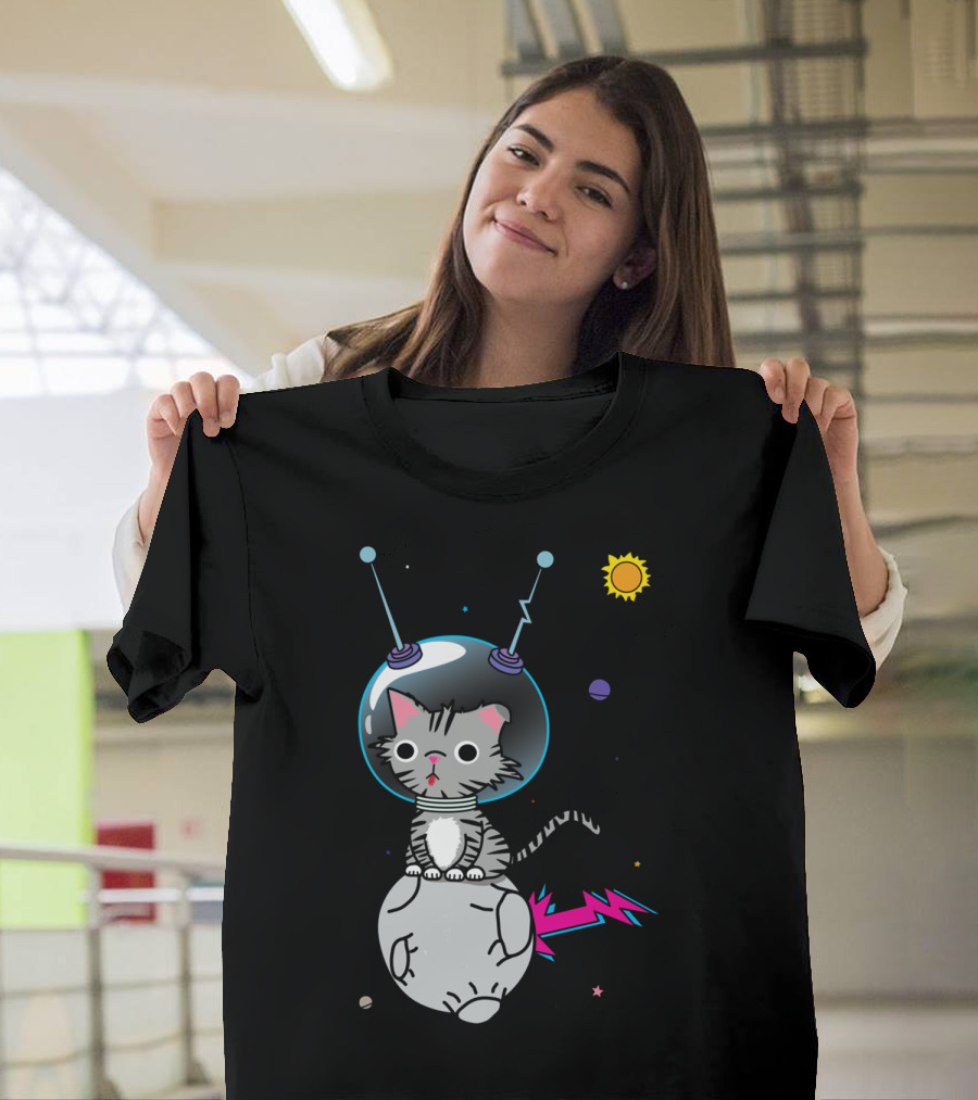 Mr. Space Cat Cosmic Adventure with Planet and Lightning Tail T-Shirt