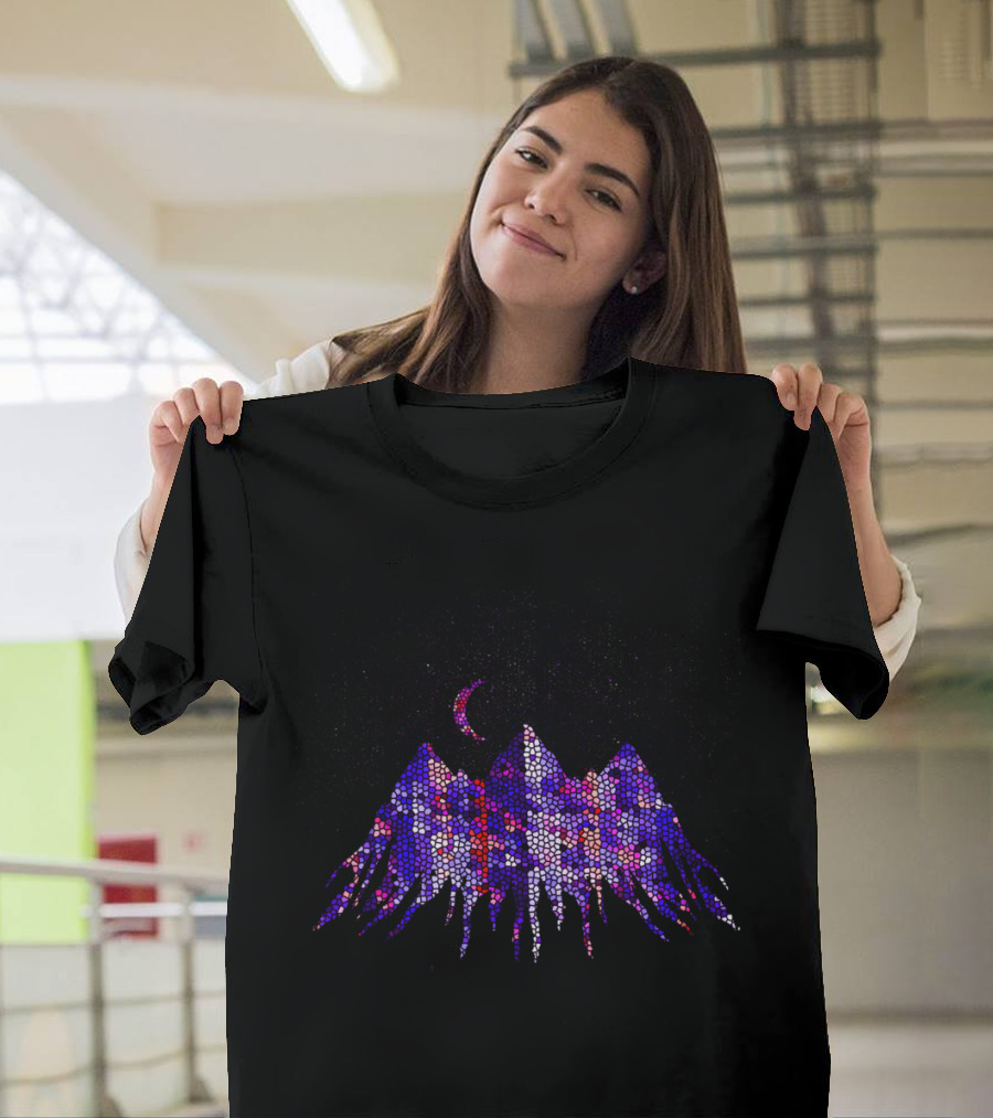Looming In The Dark Hexagonal Starry Landscape with Crescent Moon and Mountains T-Shirt