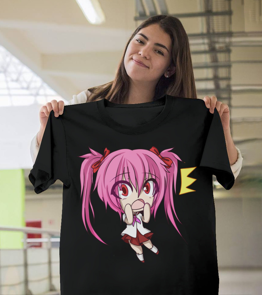 Kuku Shocked Sti Madoka Kaname Cute Anime Character with Pink Hair and Red Bows T-Shirt