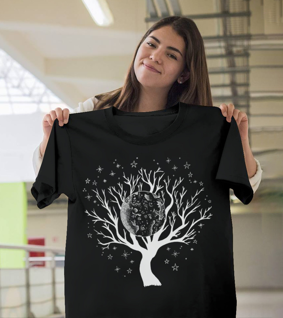 Nightscape Tree Of Life White Cosmic Stars Moon T-Shirt
