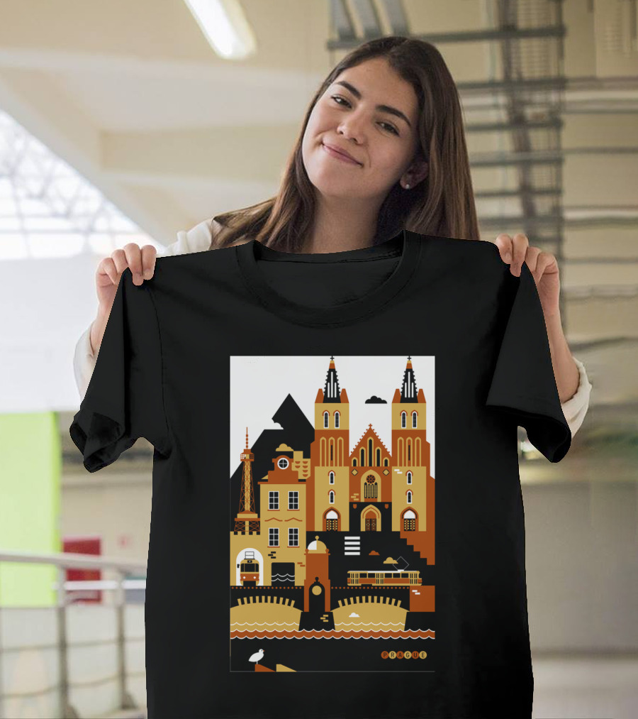 Prague Landmarks with Historical Architecture and Riverfront Elements T-Shirt