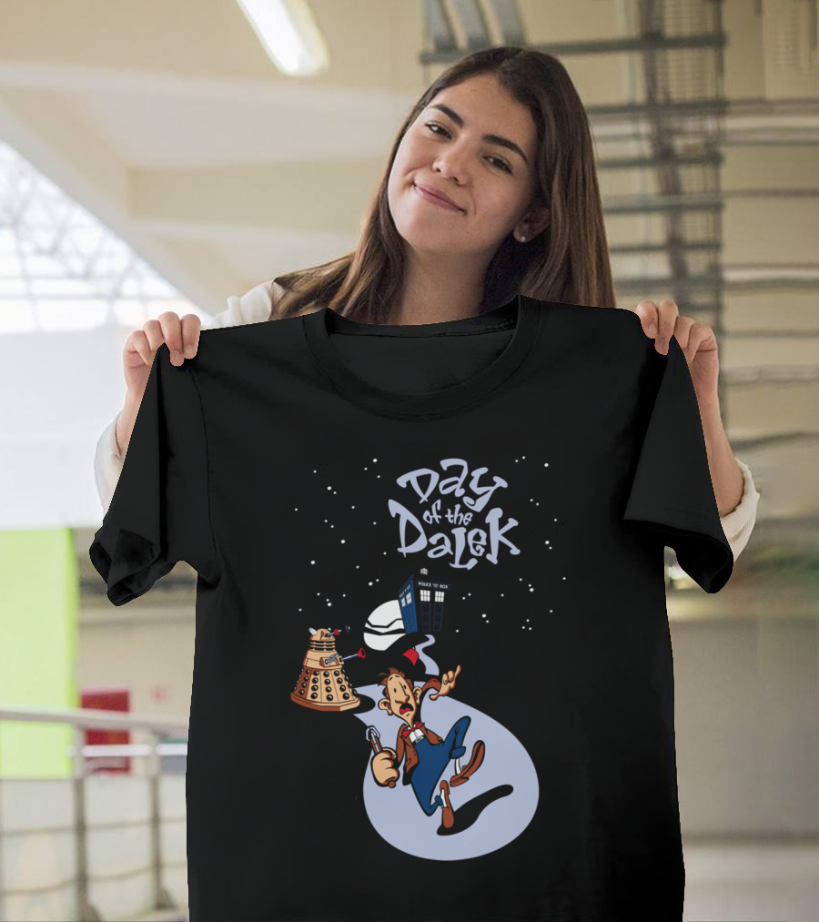 Day of the Dalek Cartoon Adventure with Time Traveler and TARDIS T-Shirt