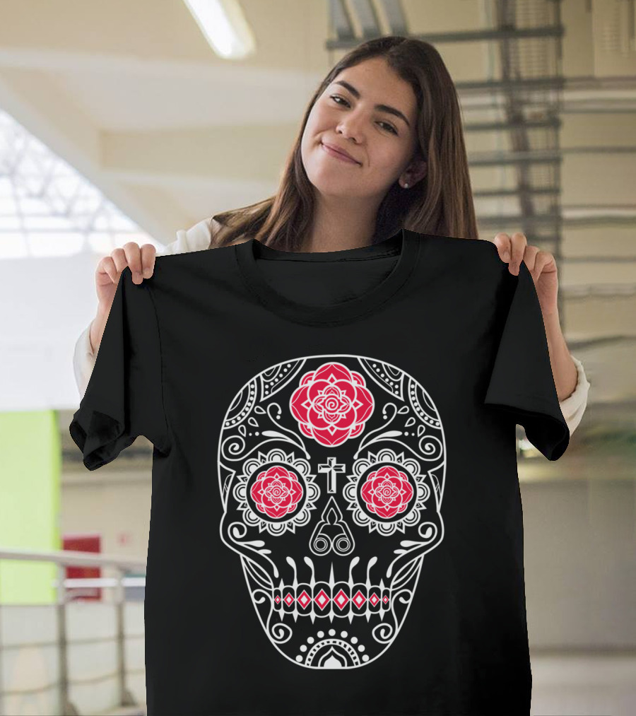 Day Of The Dead Skull with Red Floral and Intricate T-Shirt