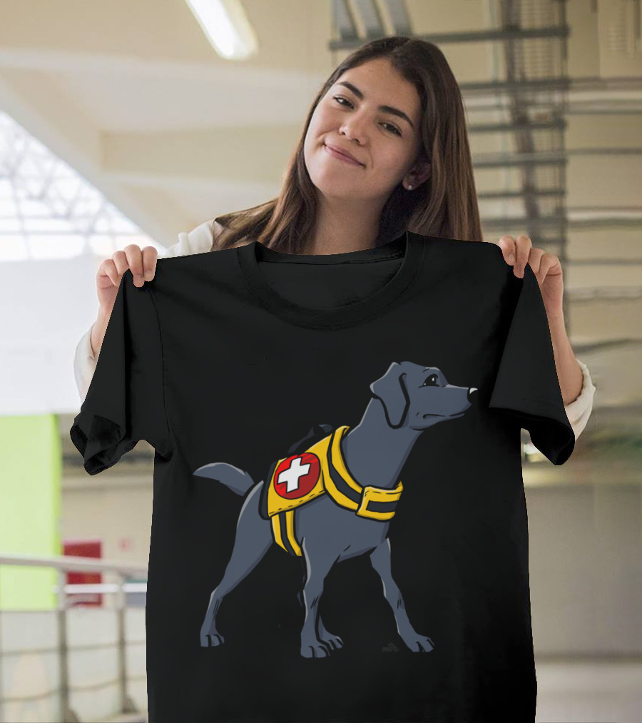 Labrador Rescue Dog with Yellow Harness and Red Cross T-Shirt