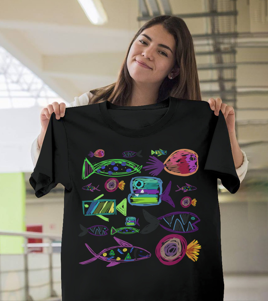 Fish Family Reunion Vibrant Abstract Marine Creatures T-Shirt