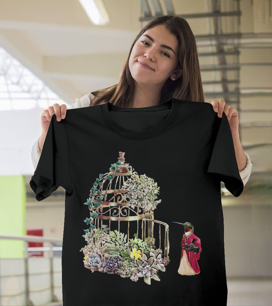 Lady Hummingbird in Succulent Garden Cage with Red Cloak T-Shirt