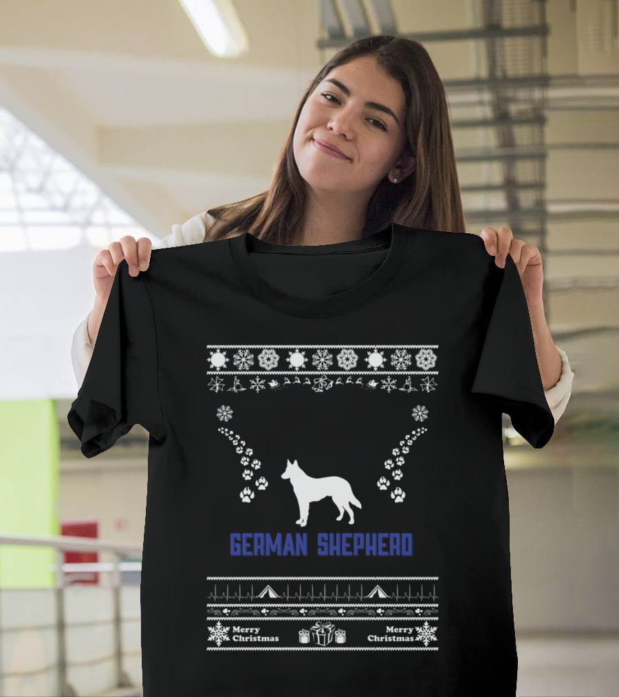 Merry Christmas German Shepherd Ugly Sweater Snowflakes Paw Prints T-Shirt