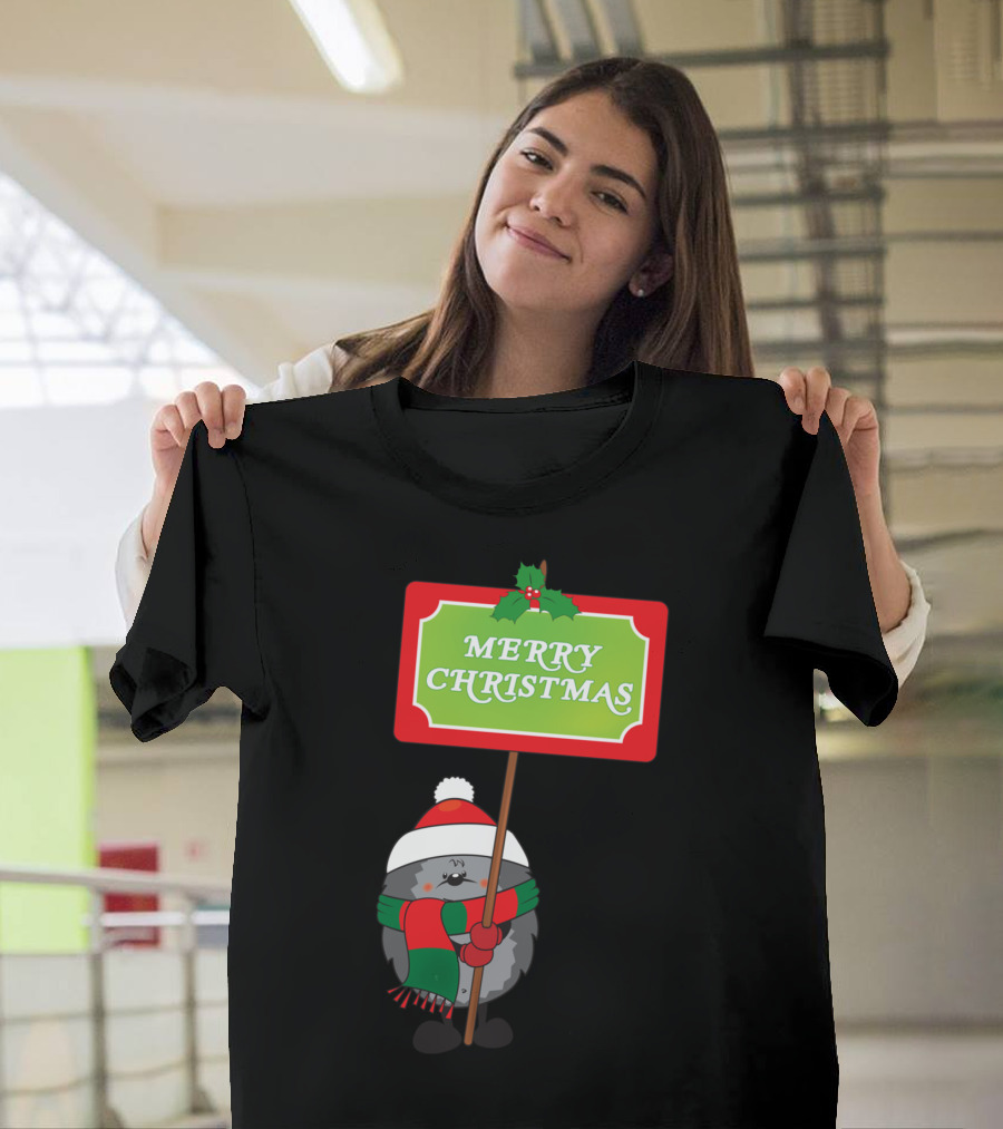 Merry Christmas Hedgehog Festive Sign with Holly and Santa Hat T-Shirt