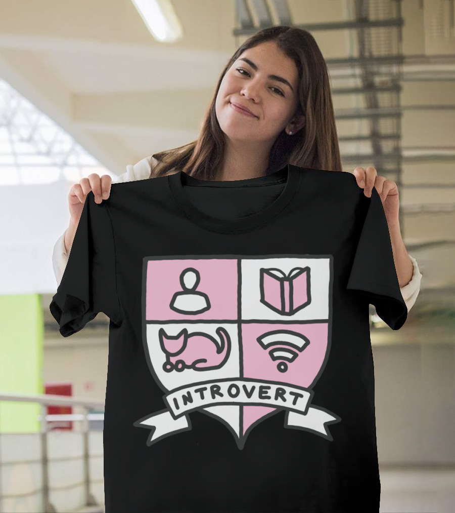 Introvert Crest with Reading Book, Cat, Wifi, and Awkward Symbols T-Shirt