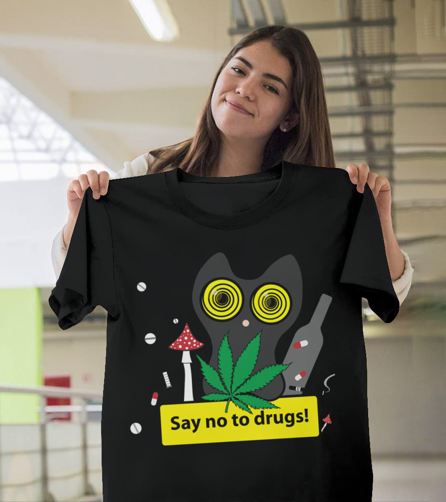 Say No to Drugs Owl with Narcotic Symbols and Marijuana Leaf T-Shirt