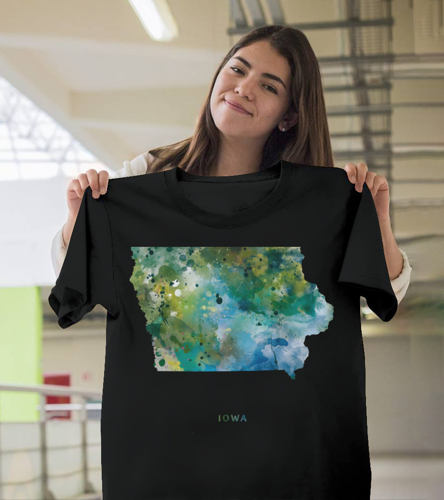 Iowa Watercolor Map Green and Blue T-Shirt