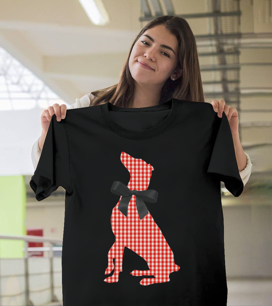 Retro Christmas Dog Style Plaid Bow Holiday T-Shirt