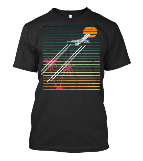 Retro Jet Palm Trees Striped Sunset T-Shirt
