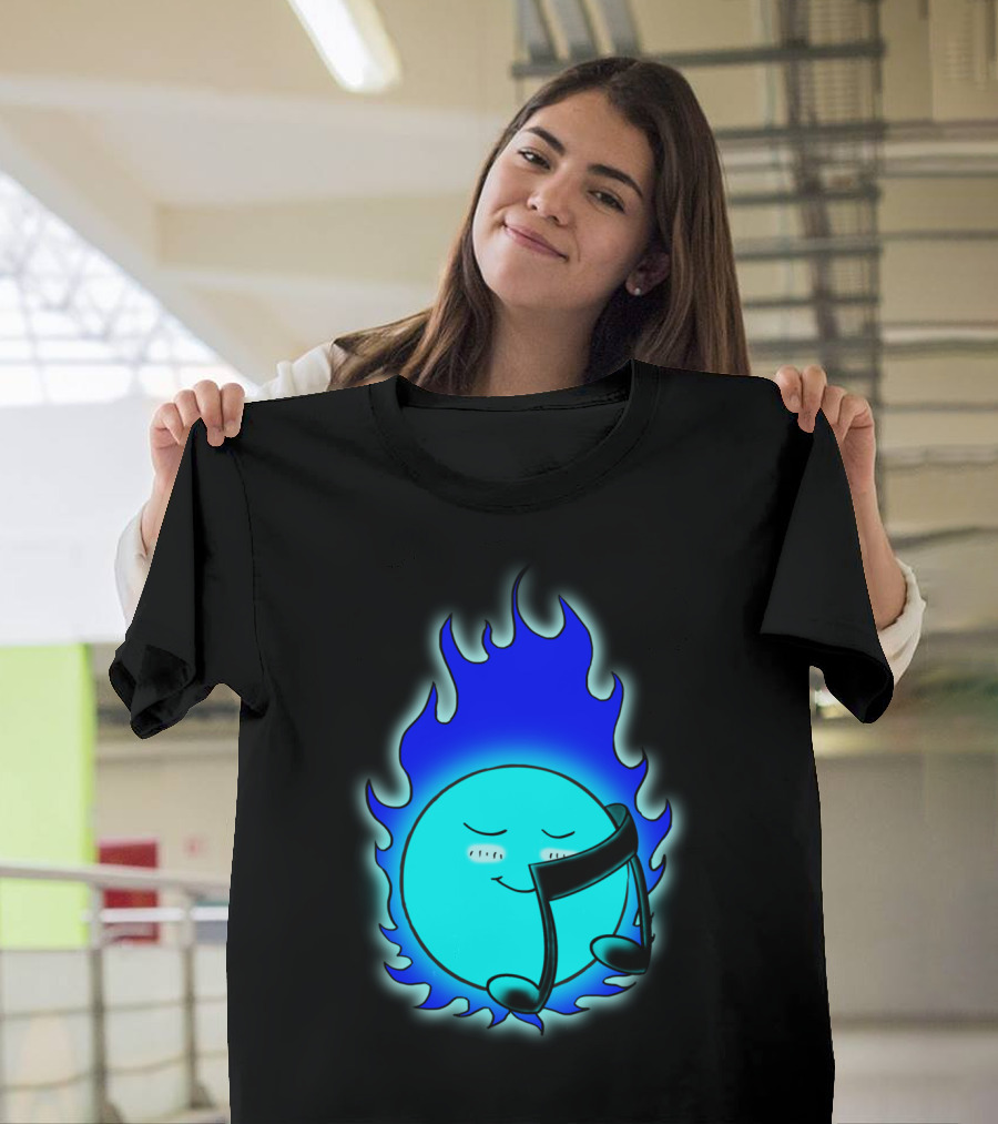 Flaming Blue Music Note Embracing Smiling Globe T-Shirt