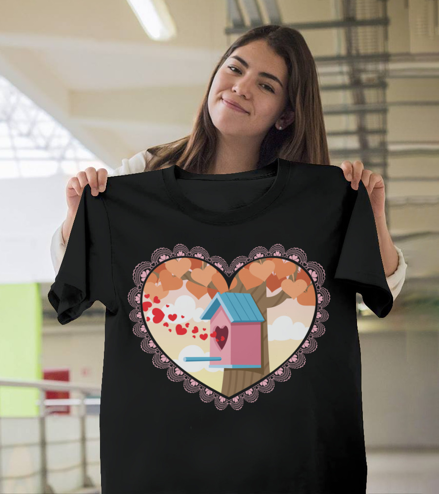 Love Nest Heart Shaped Birdhouse Surrounded by Autumn Tree and Hearts T-Shirt