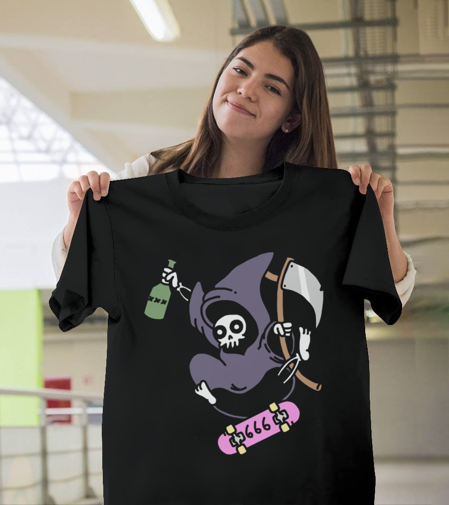 Skate Or Die Grim Reaper 666 Skateboard Rider with Scythe and Bottle T-Shirt