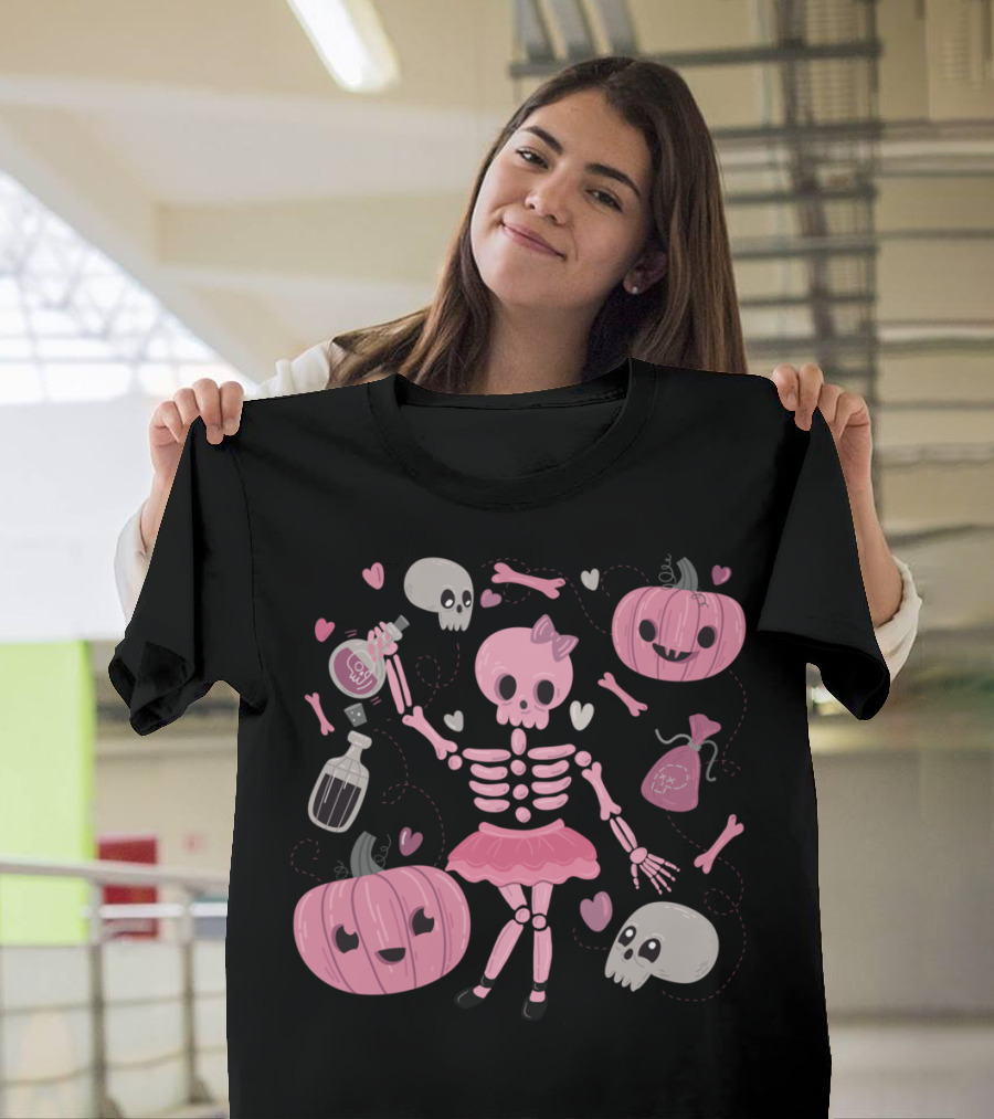 Love Potion Skeleton Dance Pink Halloween Pumpkins T-Shirt