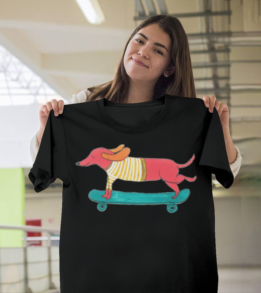 Skateboarding Dog with Striped T-Shirt