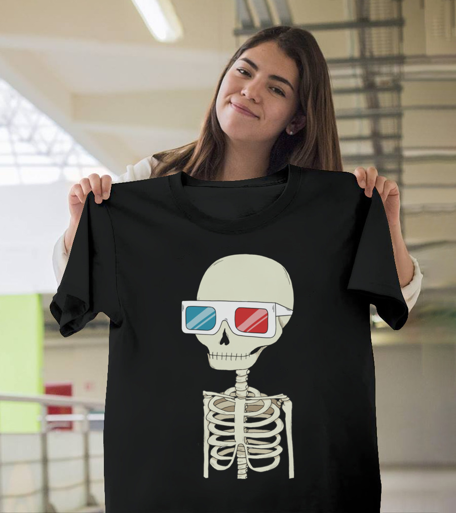 Skeleton Wearing Red and Blue 3D Glasses T-Shirt