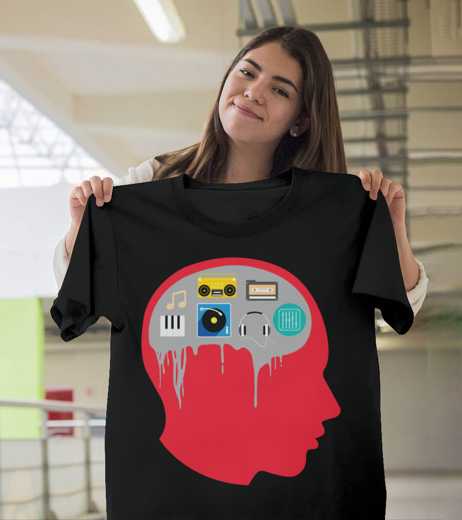 Music on the Mind with Icons of Notes, Keyboard, Turntable, Headphones, Cassette, Boombox, and Equalizer T-Shirt