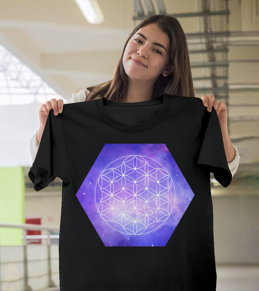 Flower Of Life Sacred Geometry on Purple Galaxy Hexagon T-Shirt
