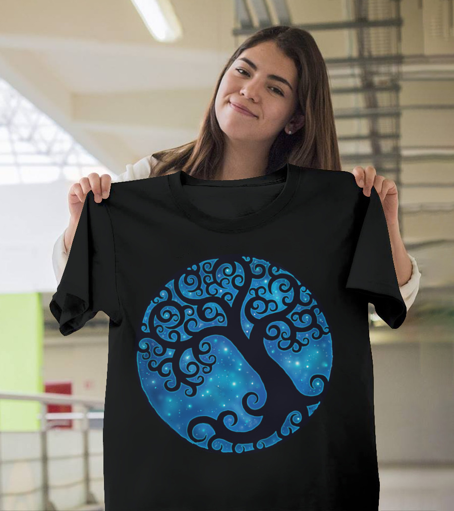 Tree Space Starry Night Swirls in Blue Sky T-Shirt