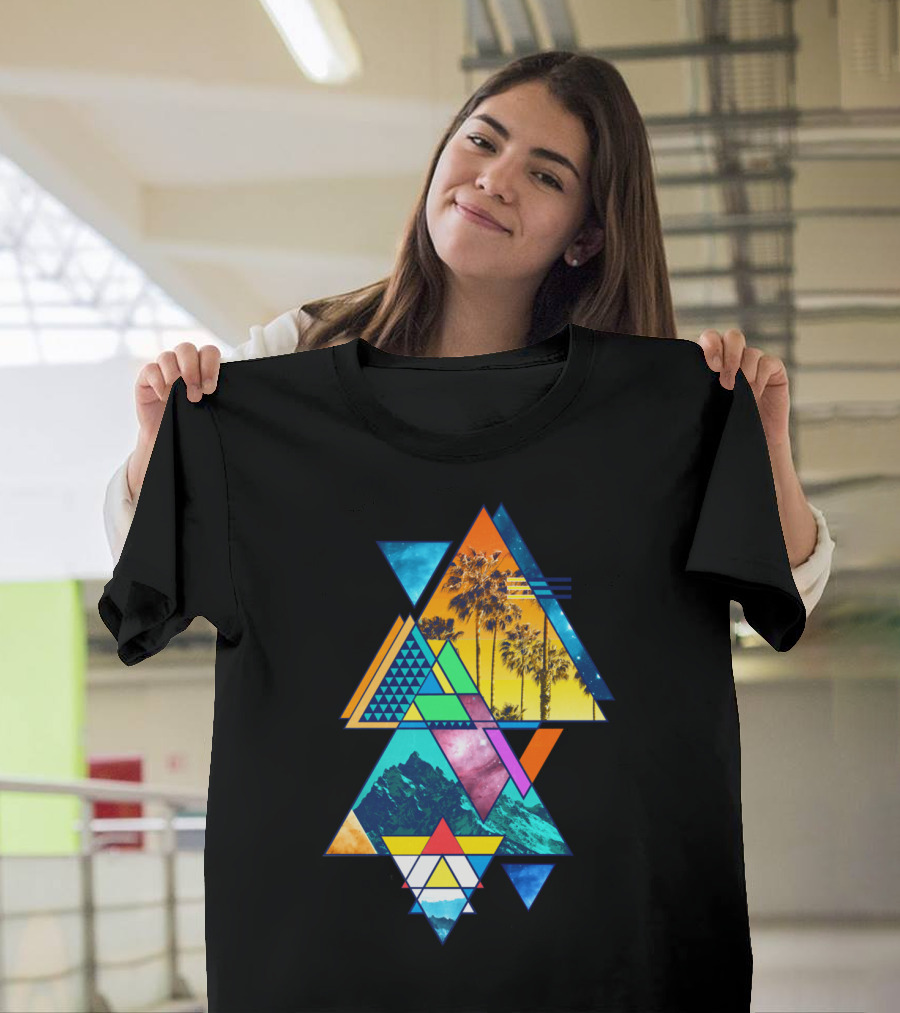 Summer Palm Trees and Mountain Geometric Retro Triangles T-Shirt