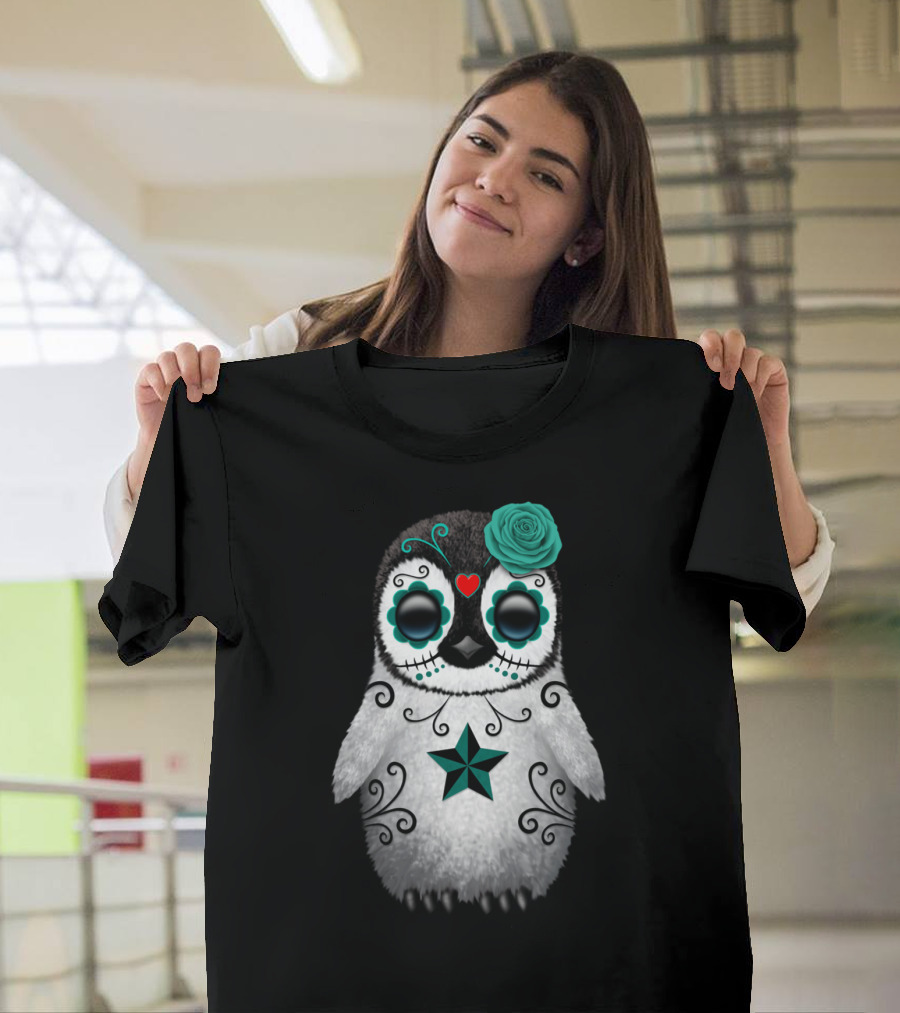 Teal Blue Day Of The Dead Sugar Skull Penguin with Flower and Heart T-Shirt