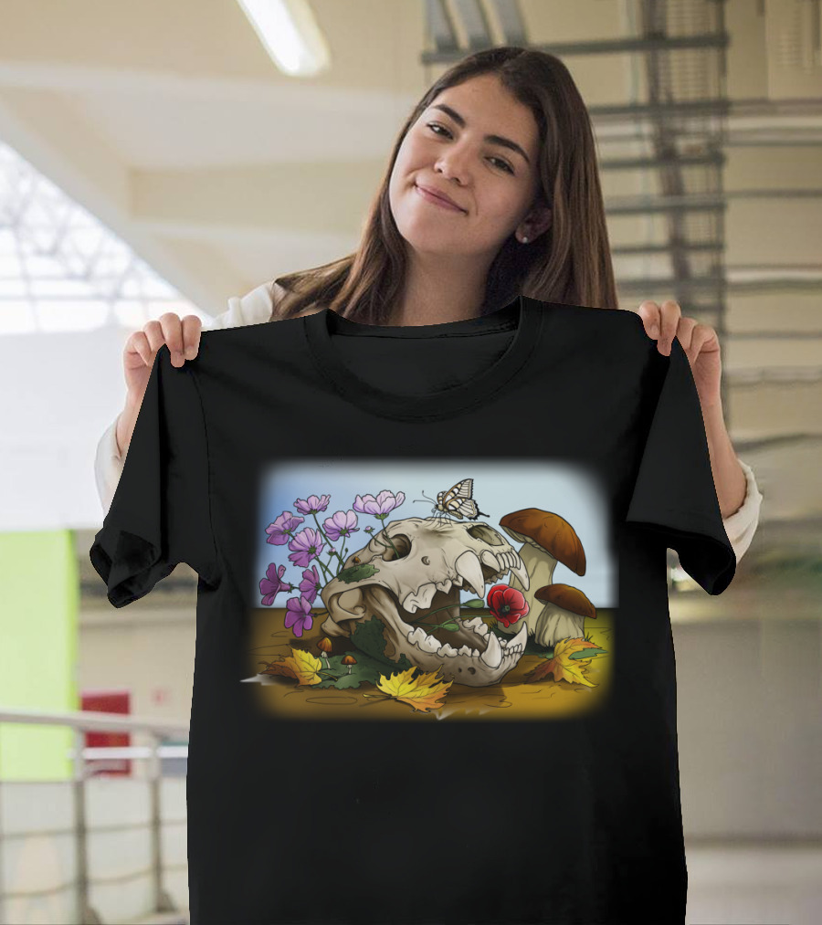 Skull And Butterfly Flowers Autumn Leaves Mushroom T-Shirt