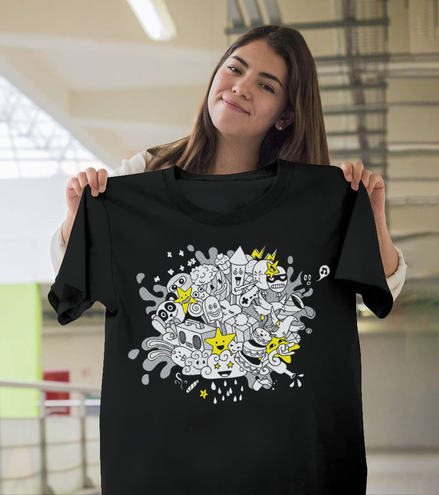 Party Doodle Fun Icons and Characters with Stars, Music Notes, and Smile Faces T-Shirt