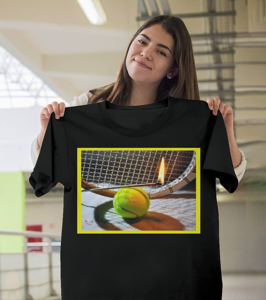 Tennis Match Striking Flame Racket and Ball T-Shirt