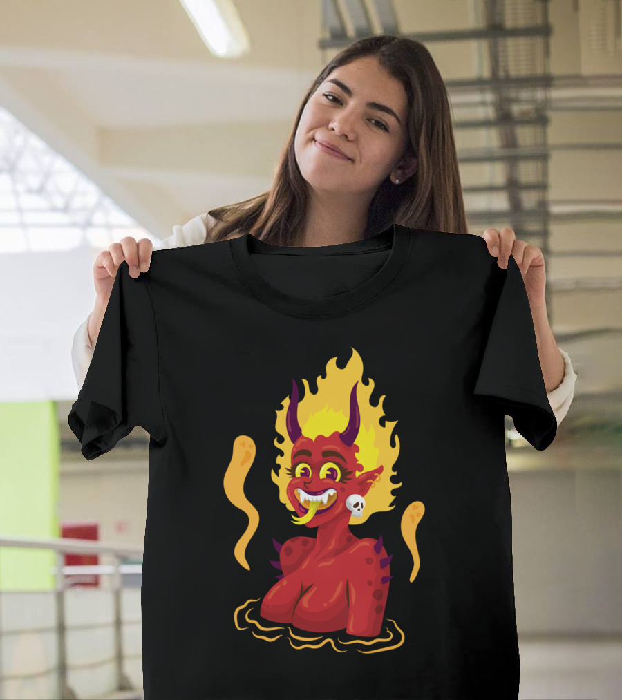 Devil Smiling Flame-Haired Demon with Skull Earring T-Shirt
