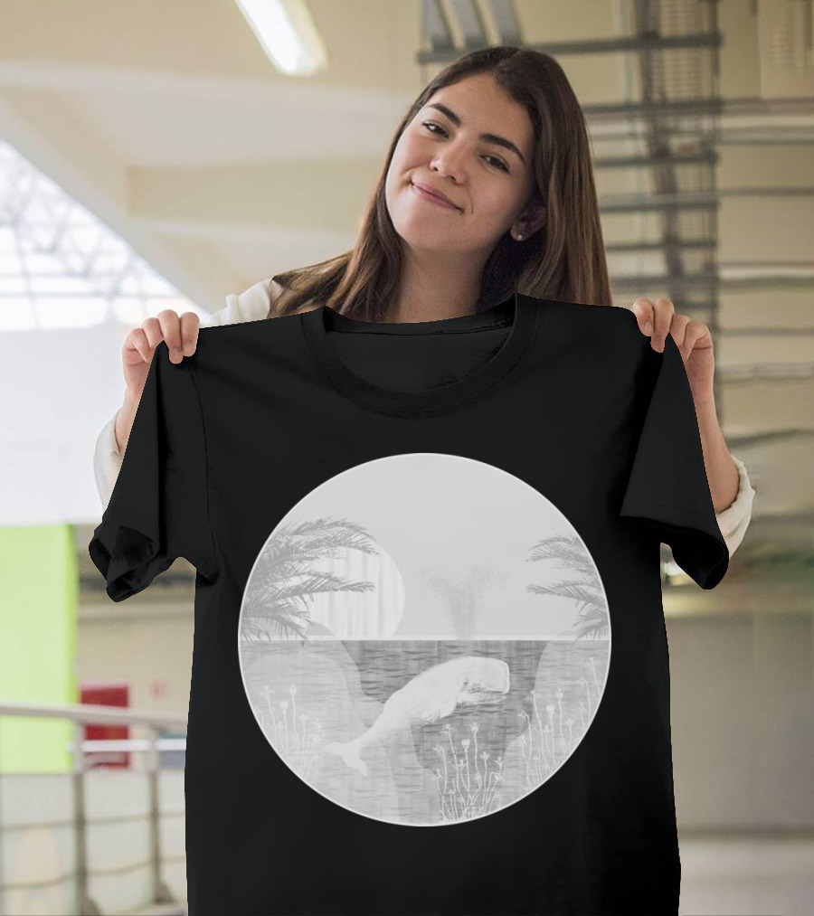 Tropical Black And White Whale with Palm Trees and Sunset T-Shirt