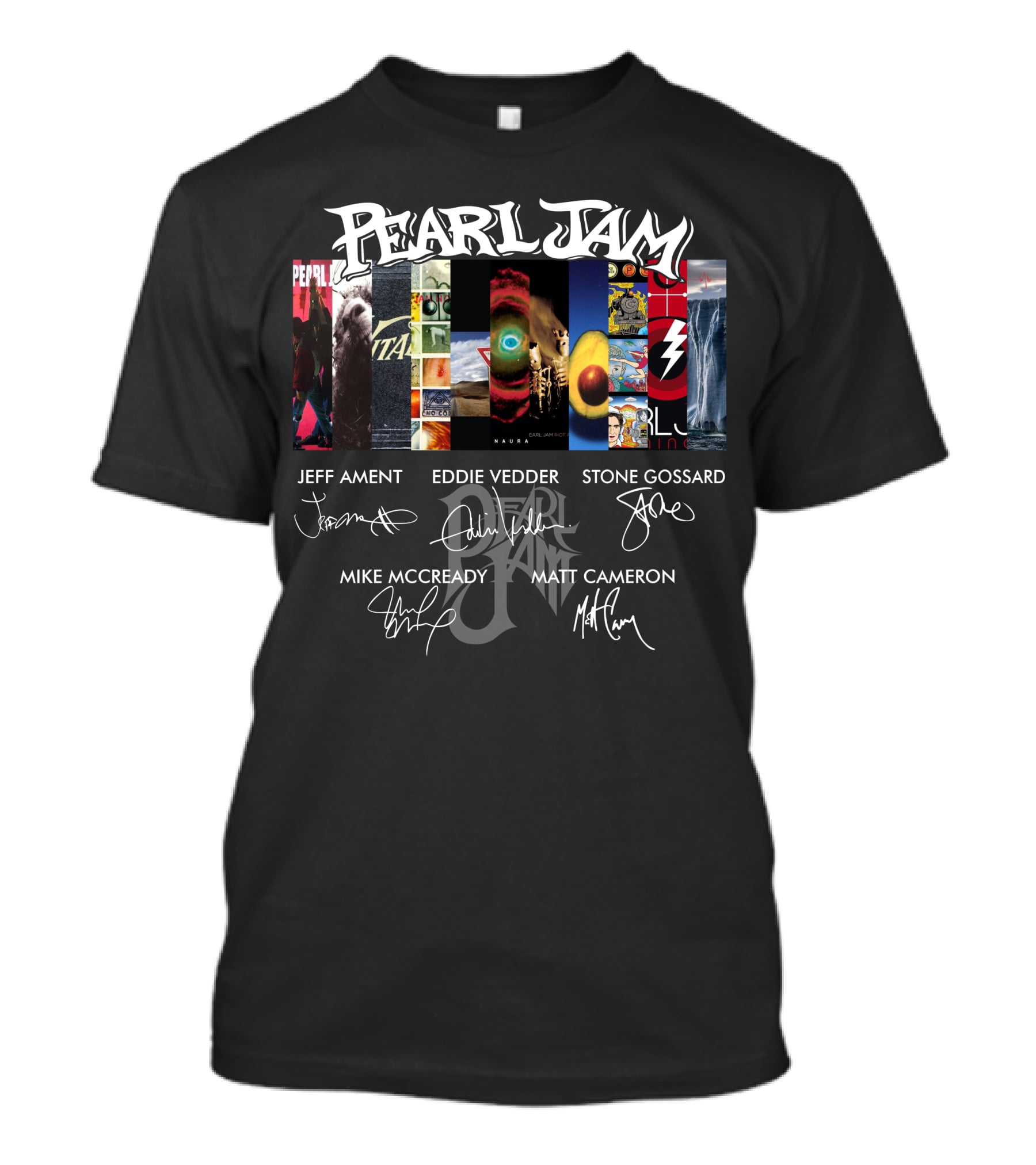 Pearl Jam Album Art Collage With Band Member Signatures T-Shirt