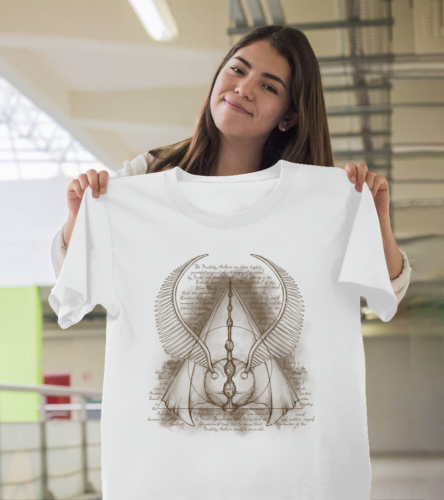 The Deathly Hallows Winged Triangular Design With Ancient Texts T-Shirt