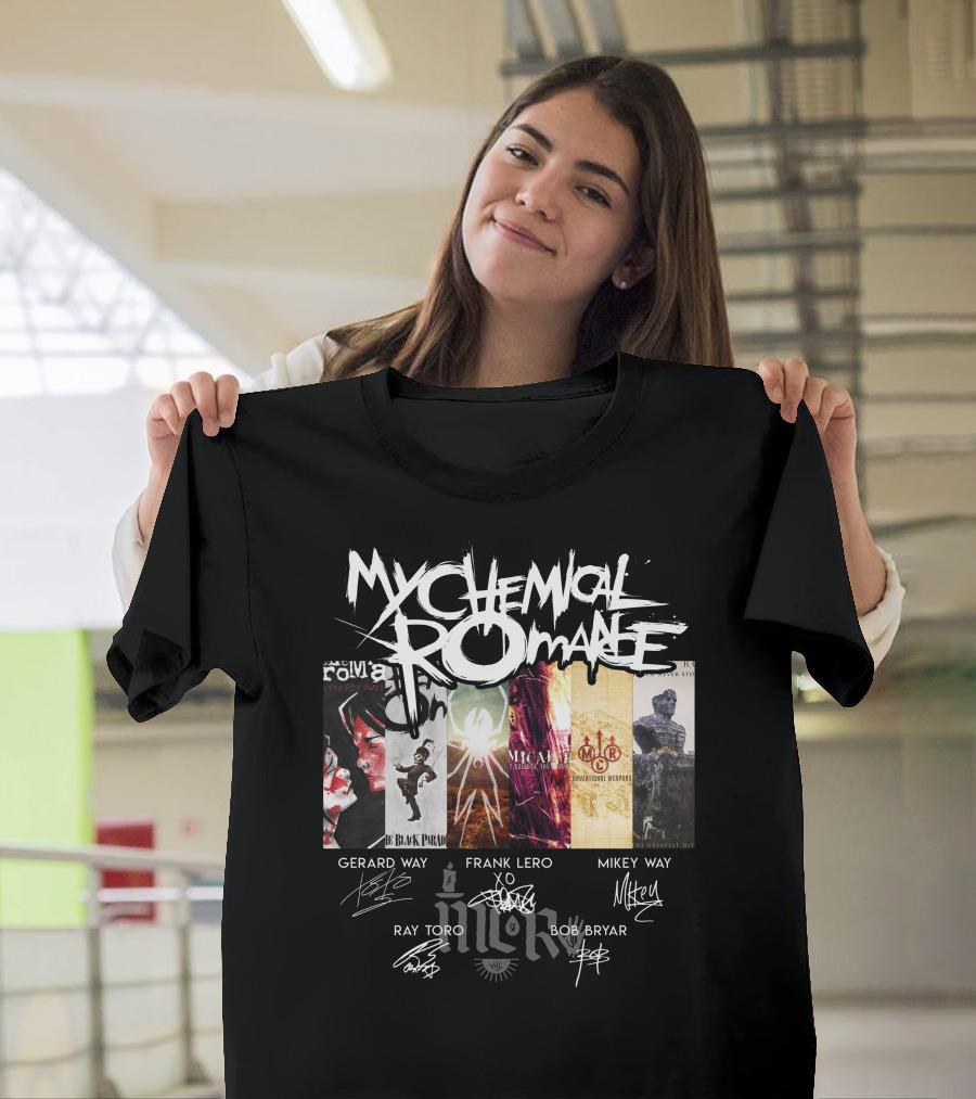 My Chemical Romance Album Collage Gerard Way Frank Iero Mikey Way Ray Toro Bob Bryar Signatures T-Shirt