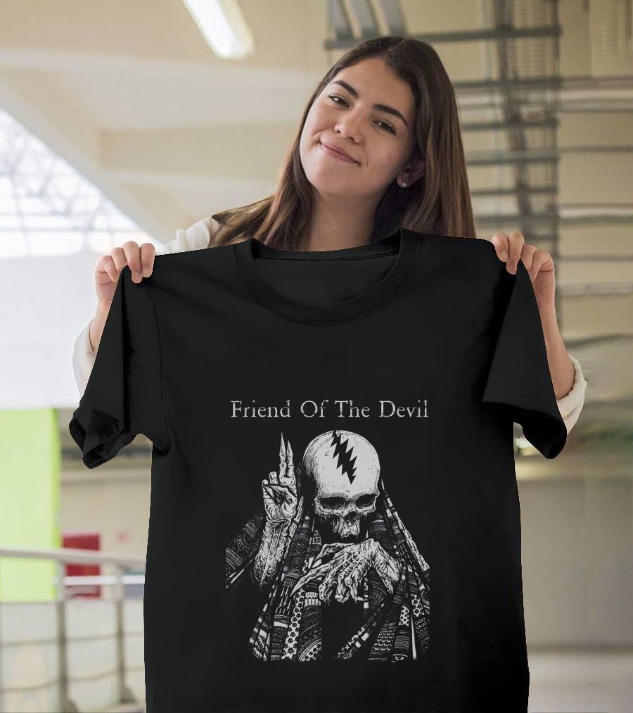 Friend Of The Devil Skeleton With Lightning Bolt Skull T-Shirt
