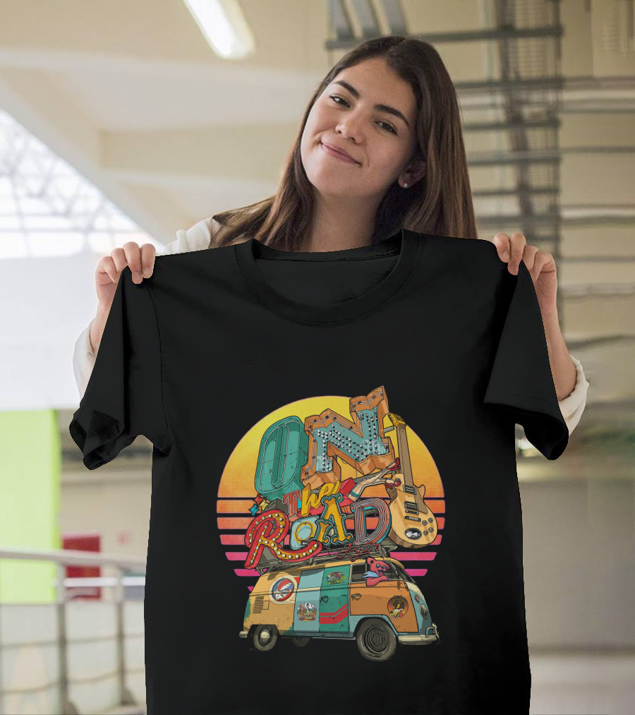 On the Road Retro Sunset Van and Guitar Adventure T-Shirt