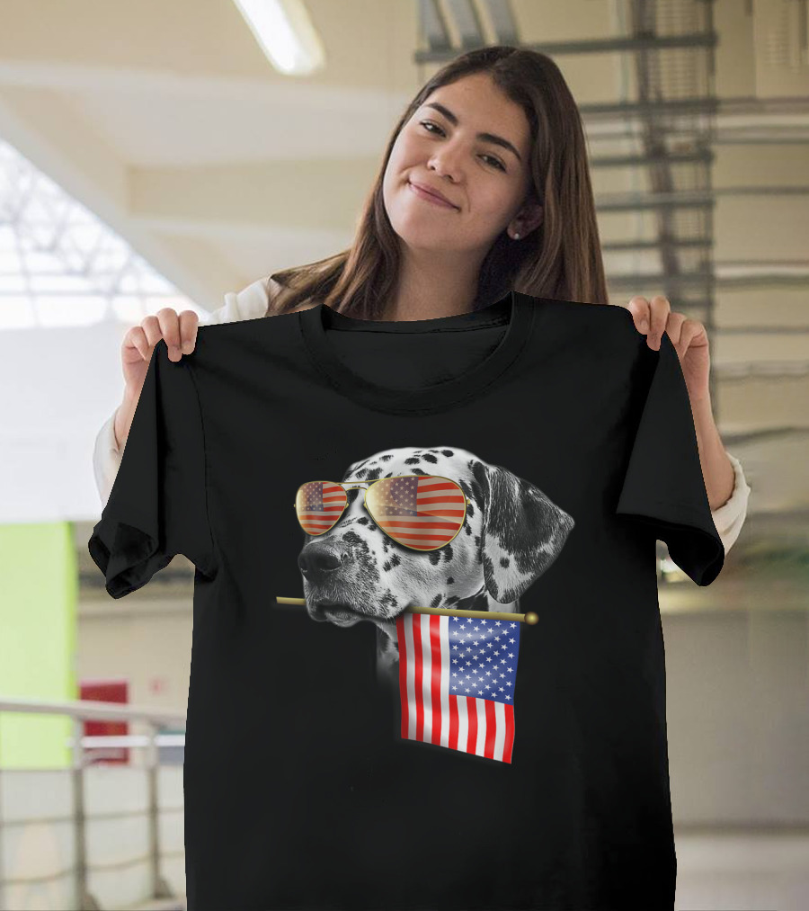 4Th Of July Dalmatian Dog with American Flag Sunglasses T-Shirt