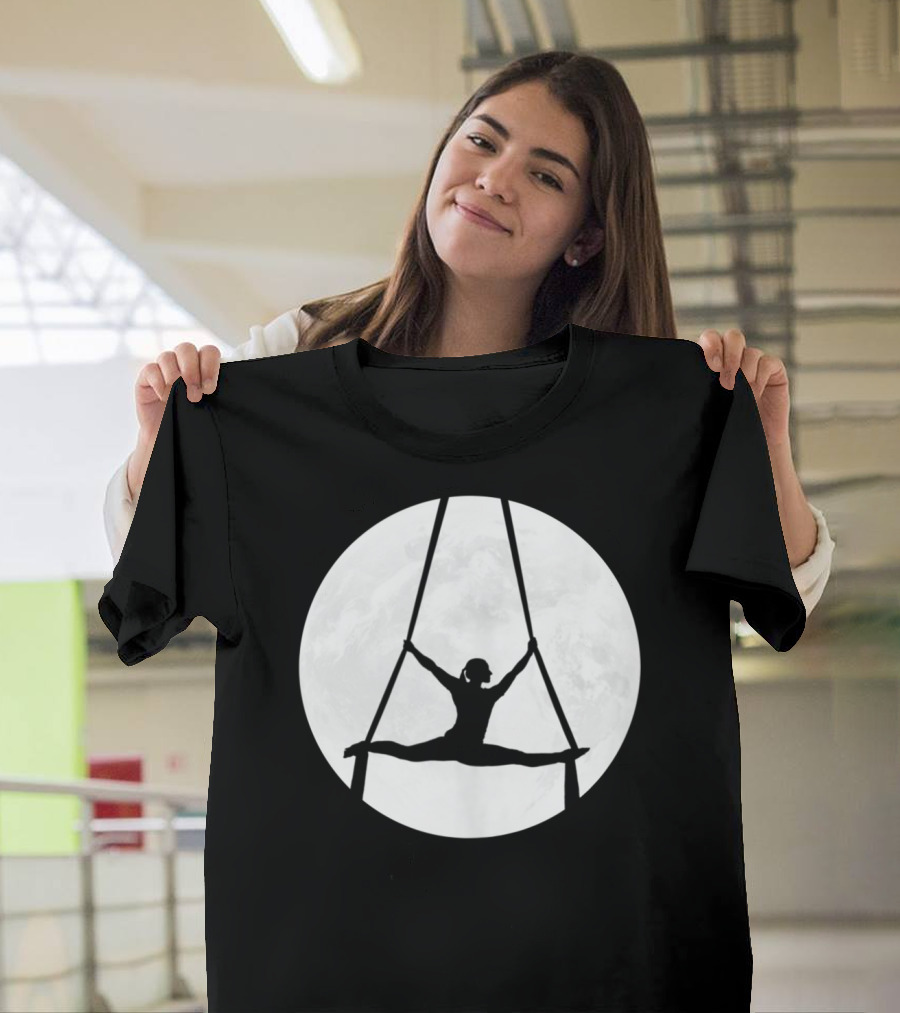 Aerialist Performing Silks Routine in Front of Full Moon T-Shirt