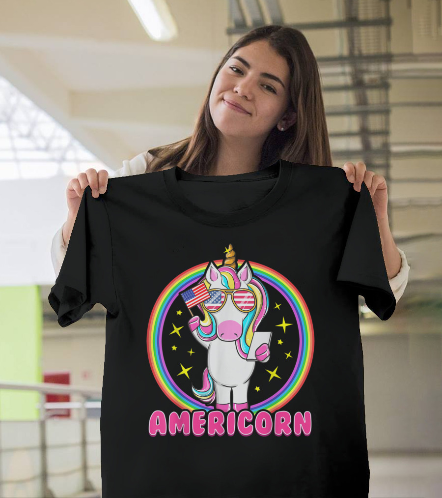 Americorn Rainbow Unicorn with USA Flag and Stars for Funny 4th of July Independence Day T-Shirt