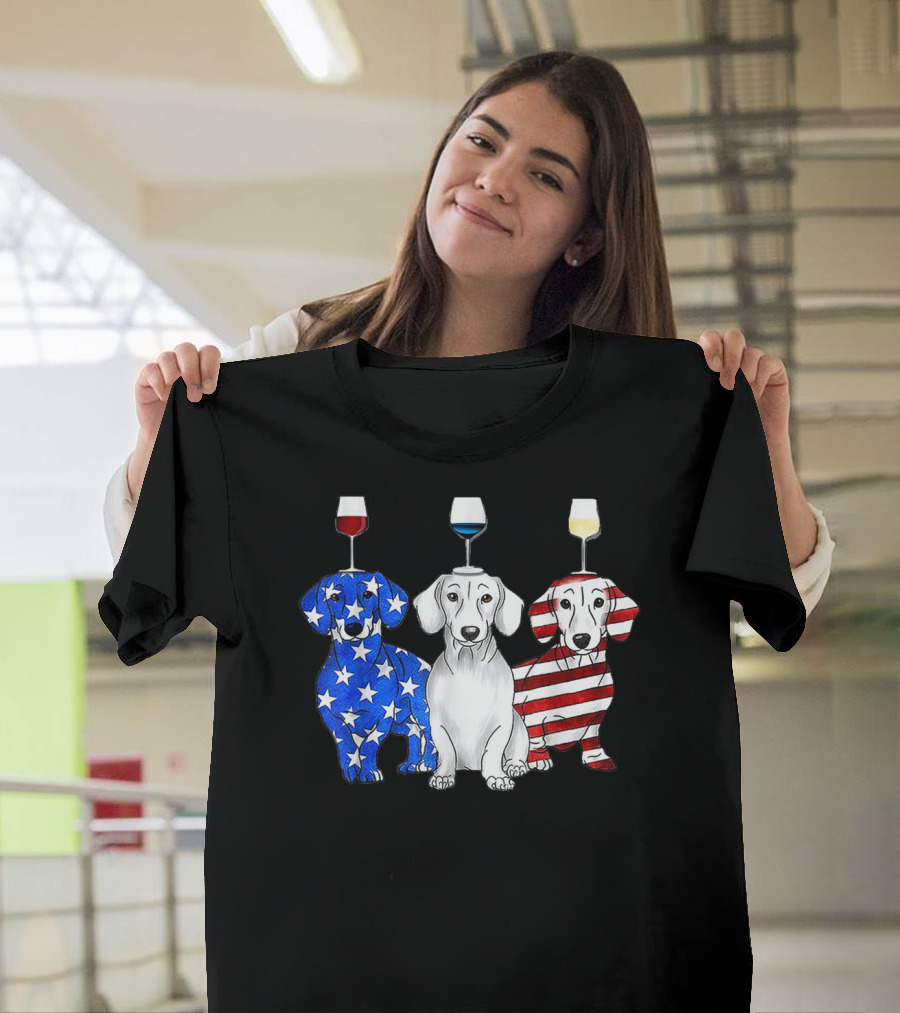 Dachshund American Flag Colors Stars Stripes Red White Blue Wines T-Shirt