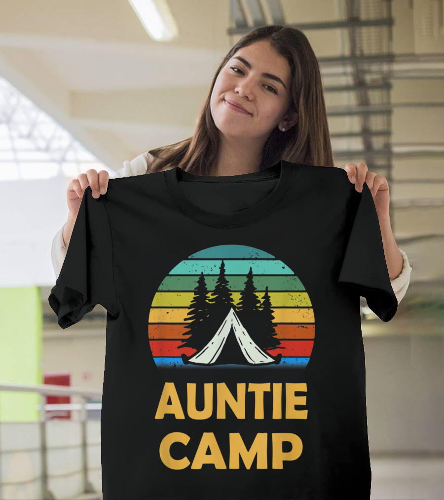 Auntie Camp Retro Camping Tent Trees Vintage Summer Fun T-Shirt