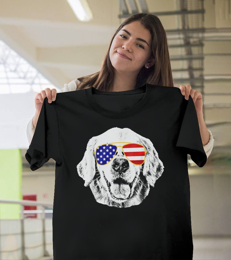 Golden Retriever Wearing American Flag Sunglasses T-Shirt