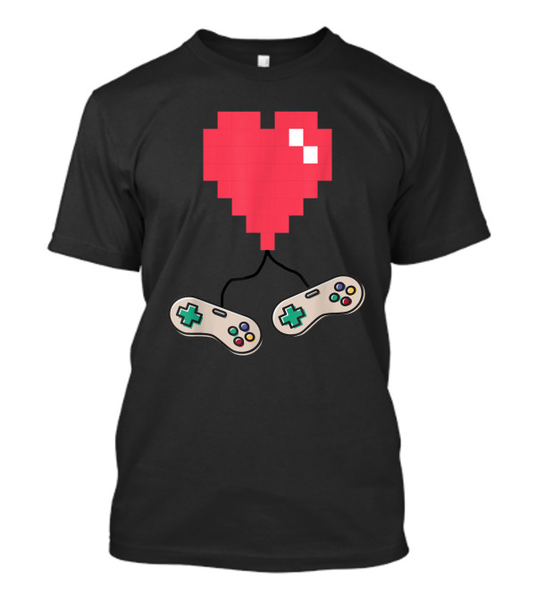 Old School 8Bit Pixel Heart With Retro Video Game Controllers Valentines Day T-Shirt