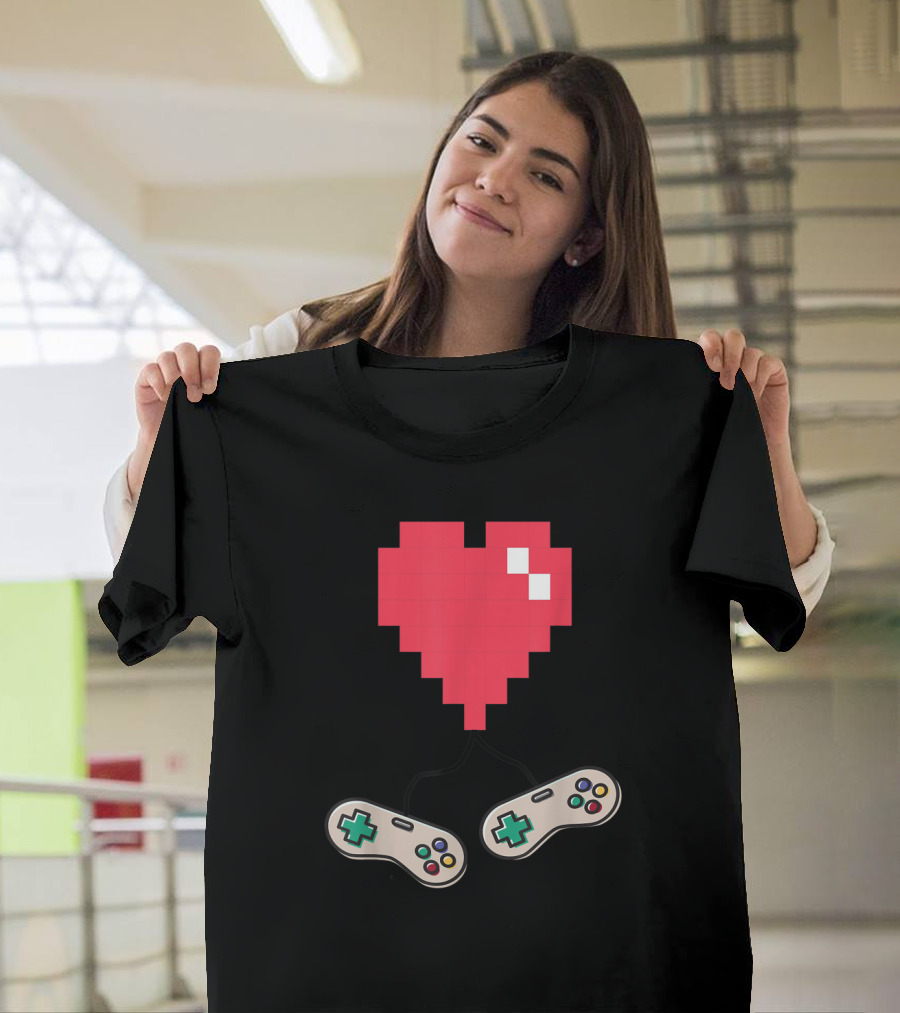 Old School 8Bit Pixel Heart with Retro Video Game Controllers Valentines Day T-Shirt