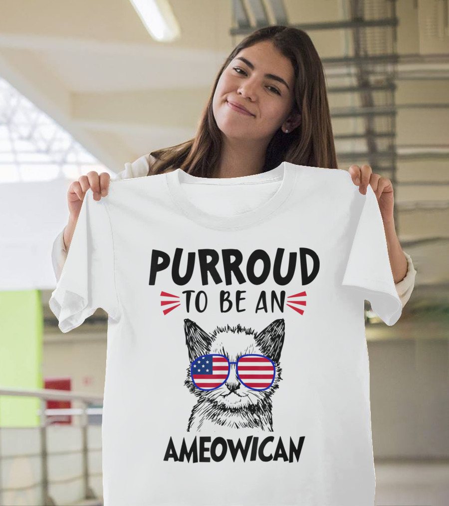Purroud To Be An Ameowican Cat with USA Flag Sunglasses 4th of July T-Shirt