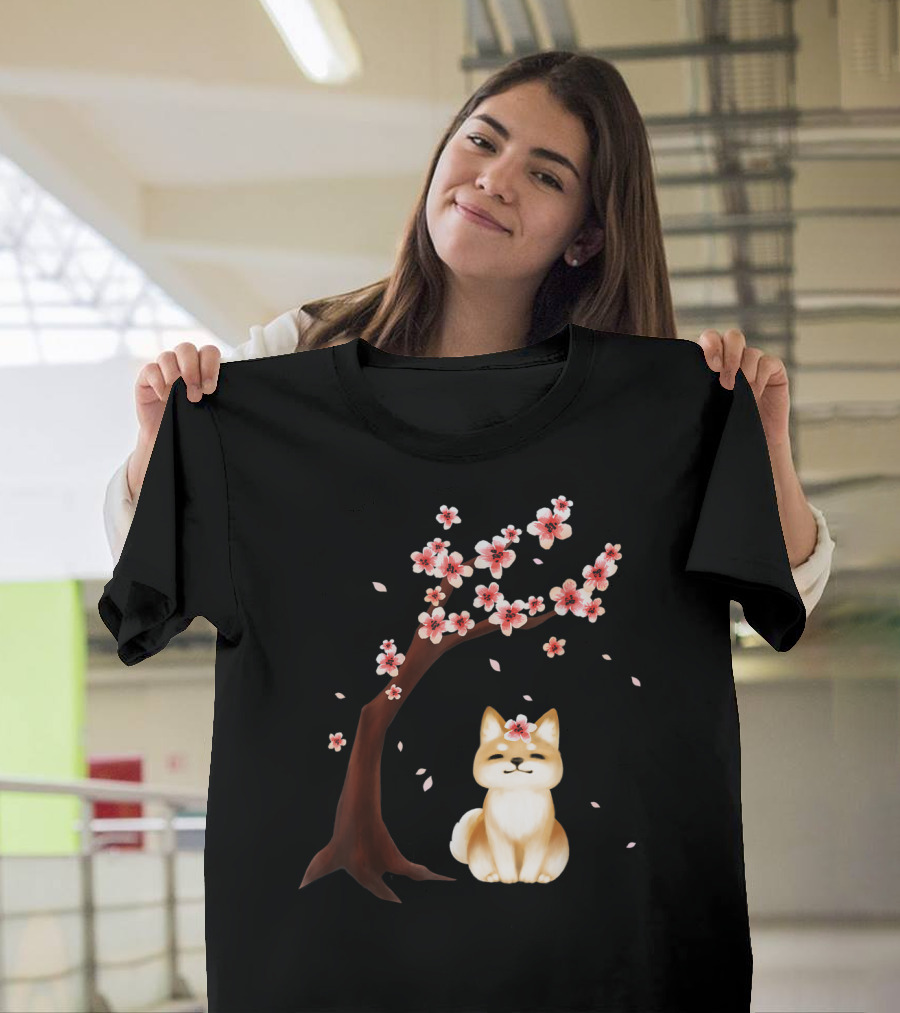Shiba Inu Dog with Japanese Cherry Blossom Sakura Tree T-Shirt